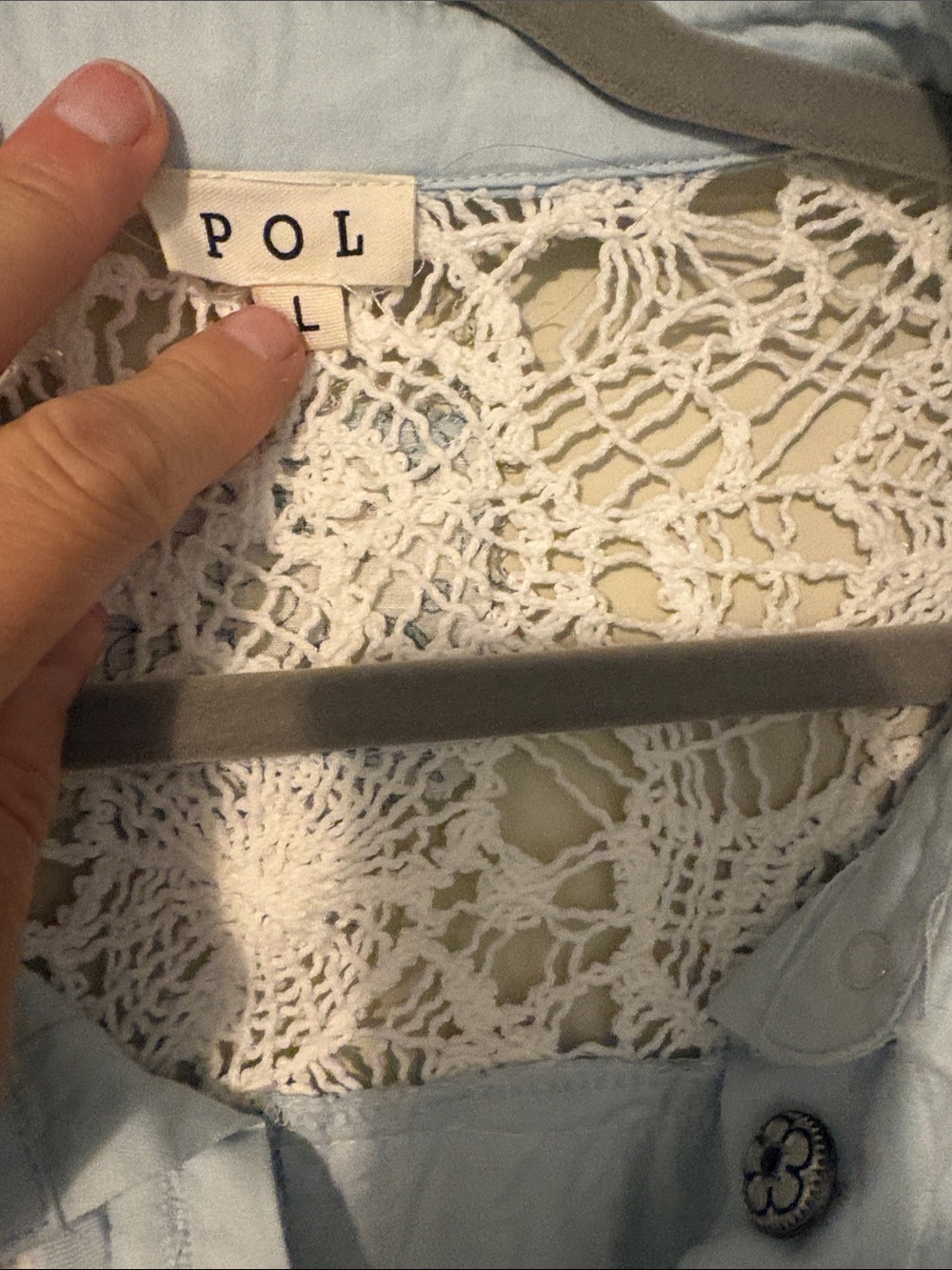 POL Patchwork Lace Button-Down Shirt in Light Blue and White - Picture 2 of 3